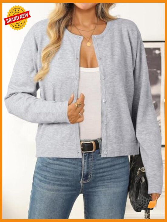 Cropped Cardigan Sweater Lightweight Bolero Shrug Button Down Long Sleeve - Picture 4 of 7